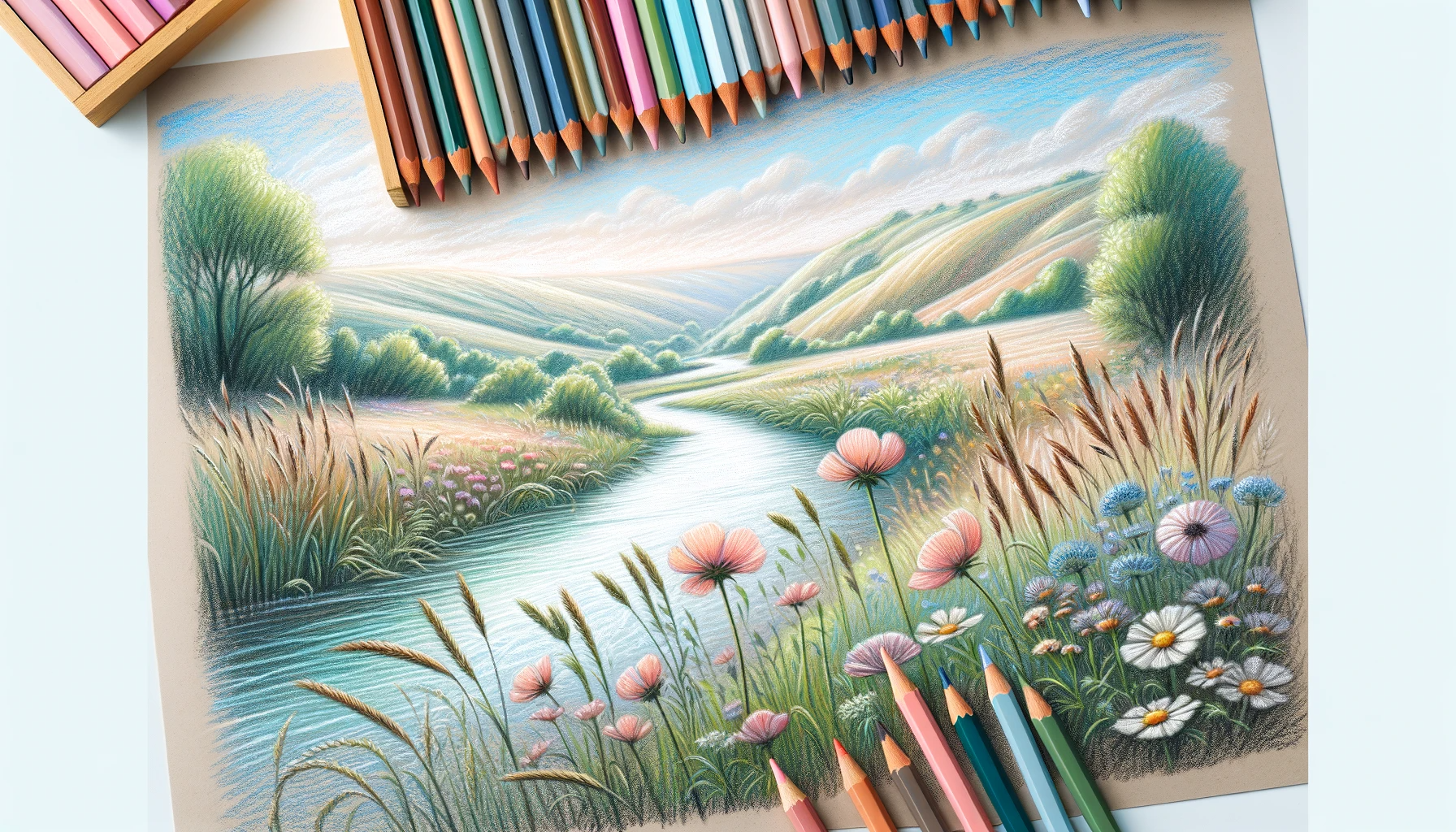Ein Landschaftsbild, gezeichnet mit Pastellstiften, zeigt eine idyllische Szene mit weichen Pastellfarben. Im Vordergrund fließt ein sanfter Fluss durch eine üppige Wiese, umgeben von blühenden Wildblumen und hohem Gras. Im Hintergrund erheben sich sanfte Hügel, über denen ein klarer Himmel in zarten Pastelltönen von Blau und Rosa wölbt. Das Kunstwerk betont die Textur und die einzigartigen Mischqualitäten der Pastellstifte und vermittelt eine friedliche, naturnahe Atmosphäre.