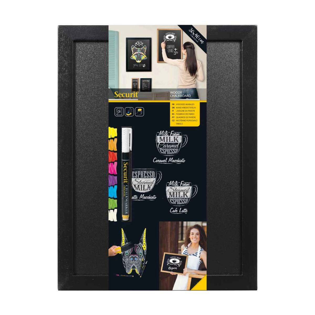 Securit - Kreidetafel WOODY Schwarz 40x30x1cm inkl. Kreidestift Weiss