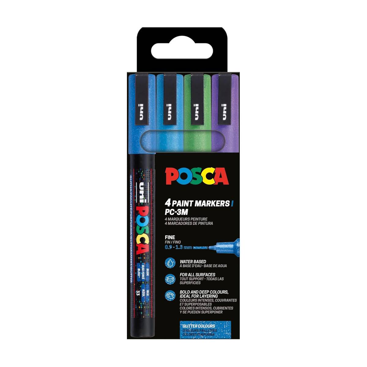 Posca - Uni PC-3M Acrylstifte Glitzer Blautöne 4er Set mit Rundspitze