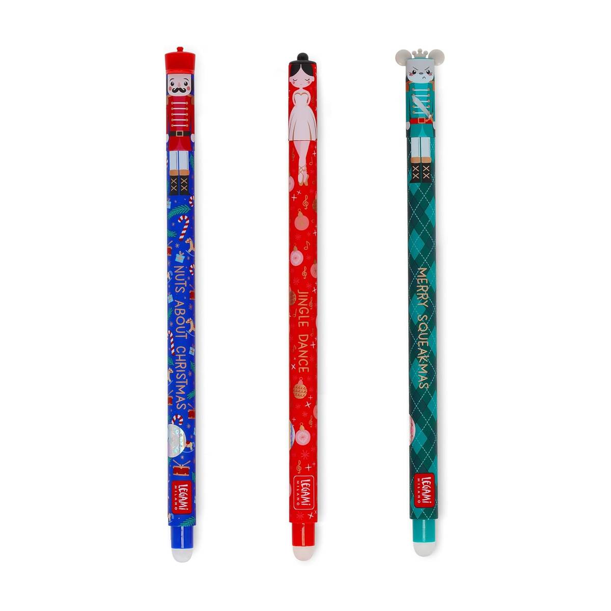 Legami Weihnachtsedition Gelstift 3er Set – Löschbare, festliche Stifte (Nussknacker, Ballerina, Maus)
