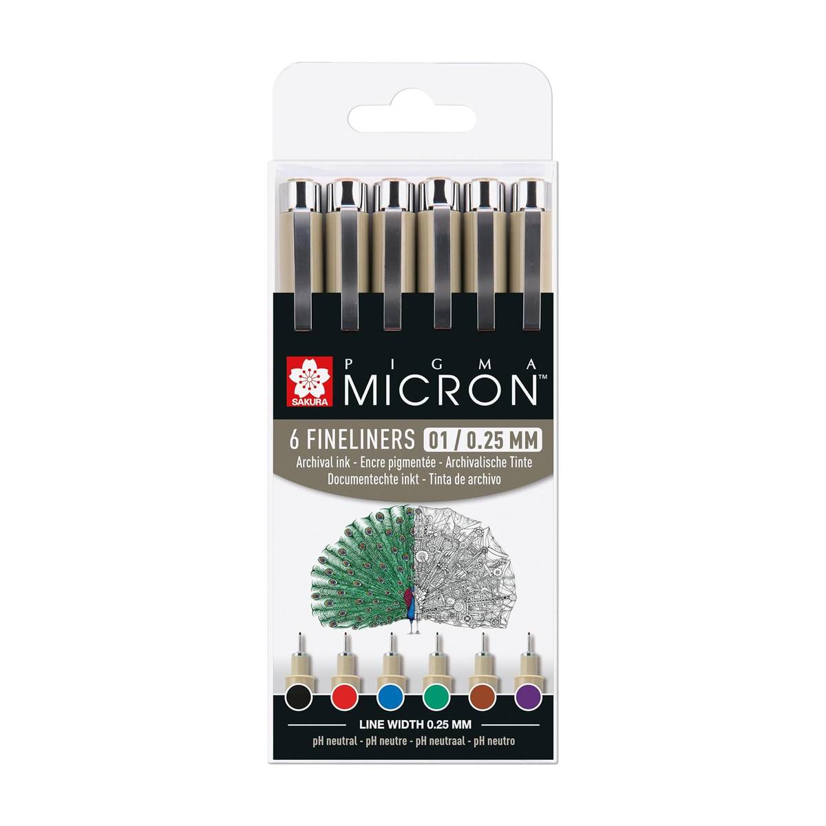Sakura Pigma Micron Fineliner Set 6er – 0,25 mm dokumentenechte Farbstifte für Zeichnungen, Illustrationen, Handlettering, Bullet Journaling