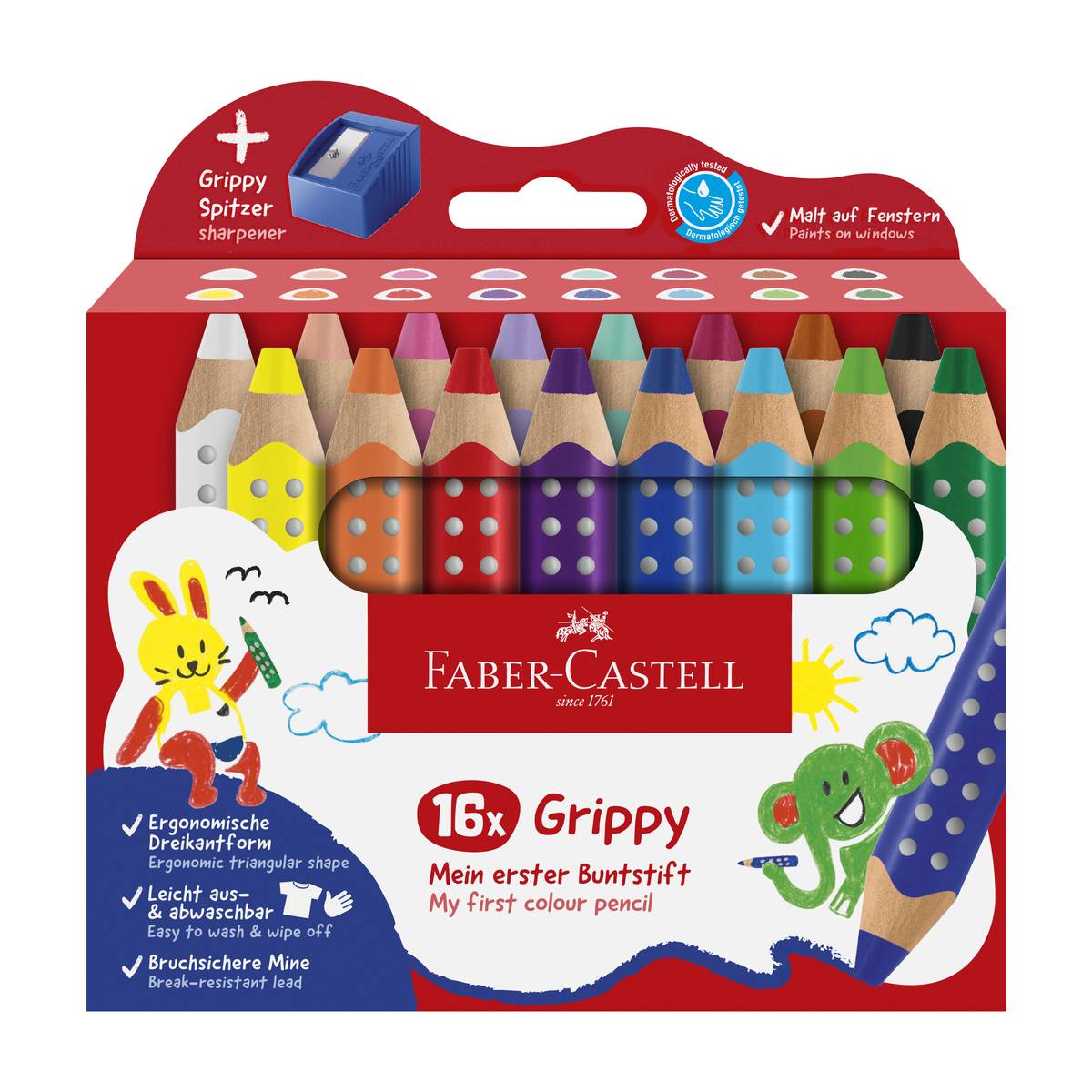 Faber-Castell Grippy 16er Buntstift-Set für Kleinkinder – 3-in-1: Buntstift, Wachsmalkreide & Aquarell, ergonomisch & auswaschbar