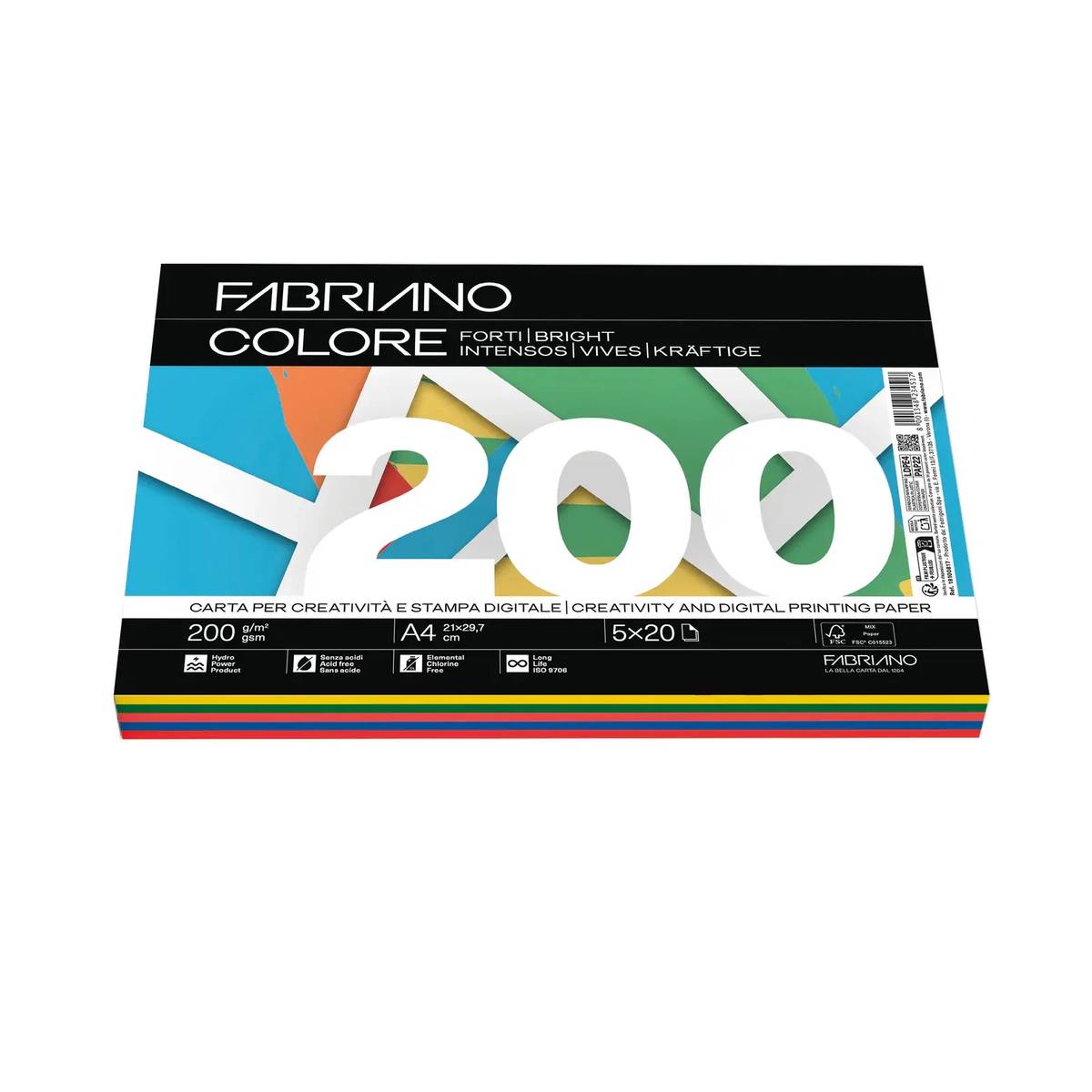 Fabriano - Colore Farbiges Papier A4 200g 100 Blatt in kräftigen Farben
