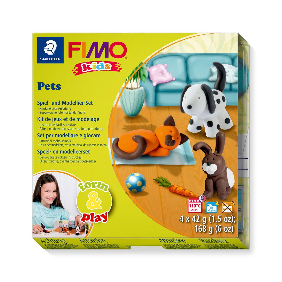 FIMO Kids Modellierset Pets – Kreatives Bastelset für Kinder inkl. weicher Modelliermasse, Schritt-für-Schritt-Anleitung, Spieluntergrund & Zubehör