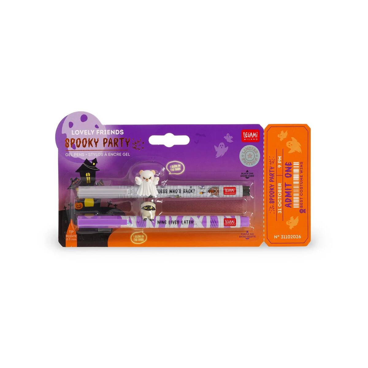 Legami - Lovely Friends Spooky Party stylos gel set de 2 – chat momie et ours fantôme