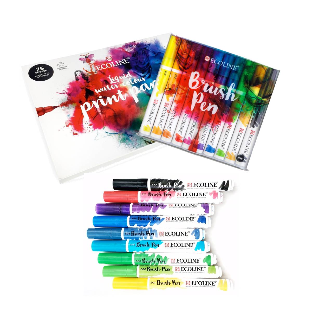 ECOLINE Brushpen Komfort Pack - 10 Farben mit Hybridzeichenblock